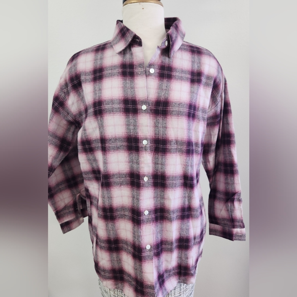 Pink Lily Oversized Plaid Flannel Button Down Shirt Pink/gray/white Womens S